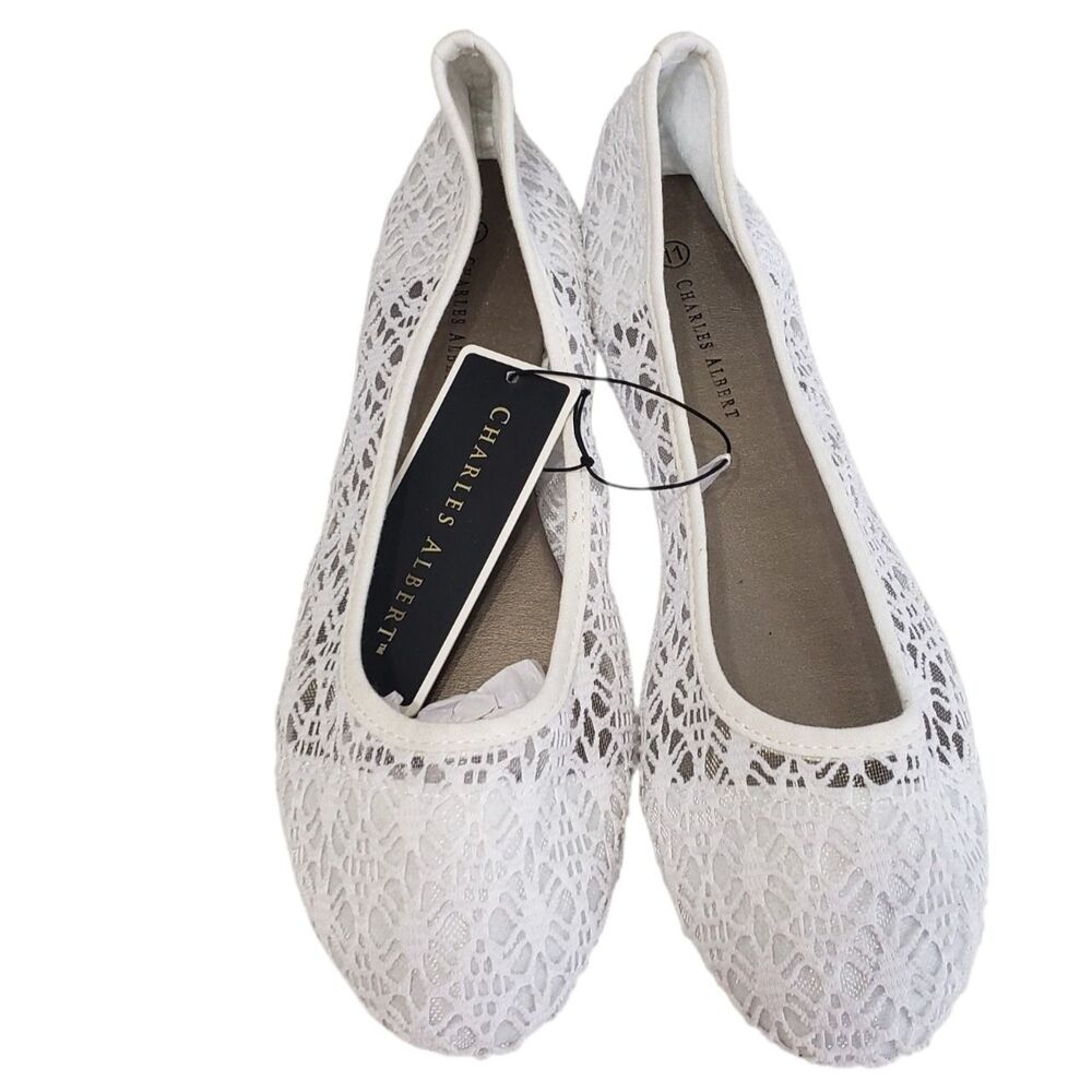 NEW Charles Albert Women's White Lace Style Ballet Flats, Size 11